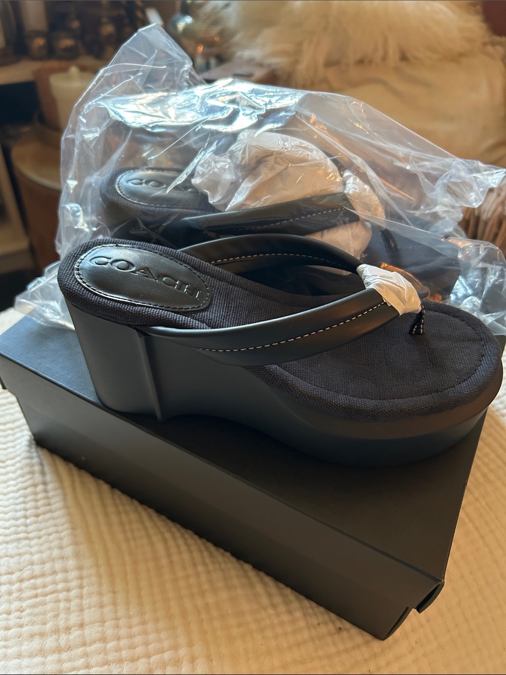 Coach Black Platform Thong Sandals New in Box
